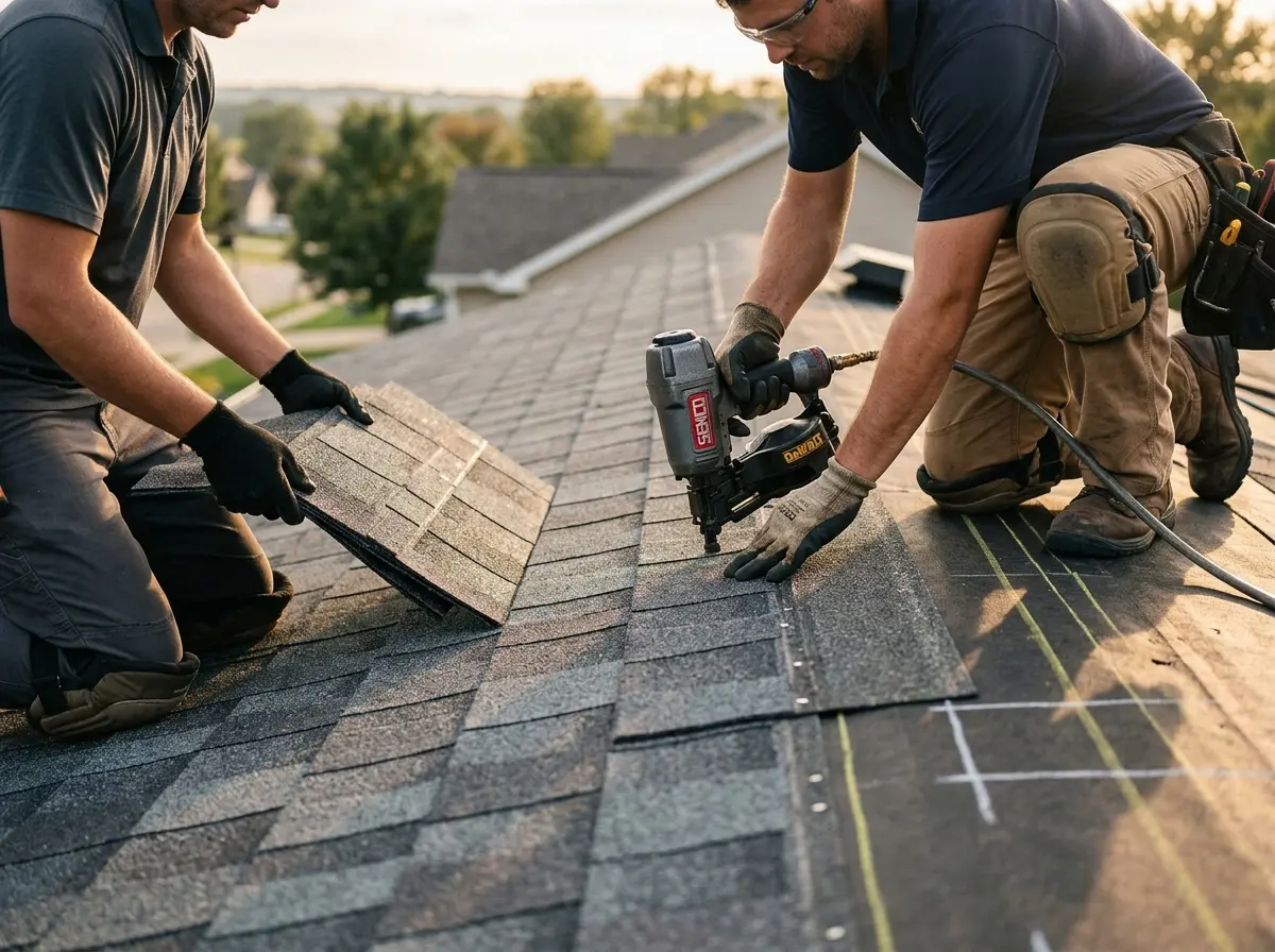 Professional roofer working on a residential roof in Brownville